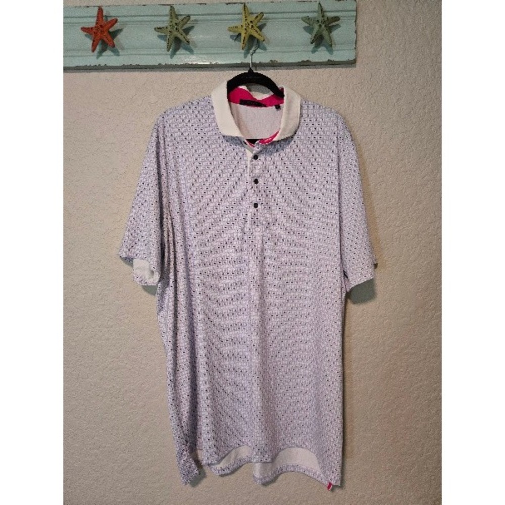 Greyson Mens XXL Golf Polo Shirt Purple Geometric Pattern Pink Trim Wolf Logo